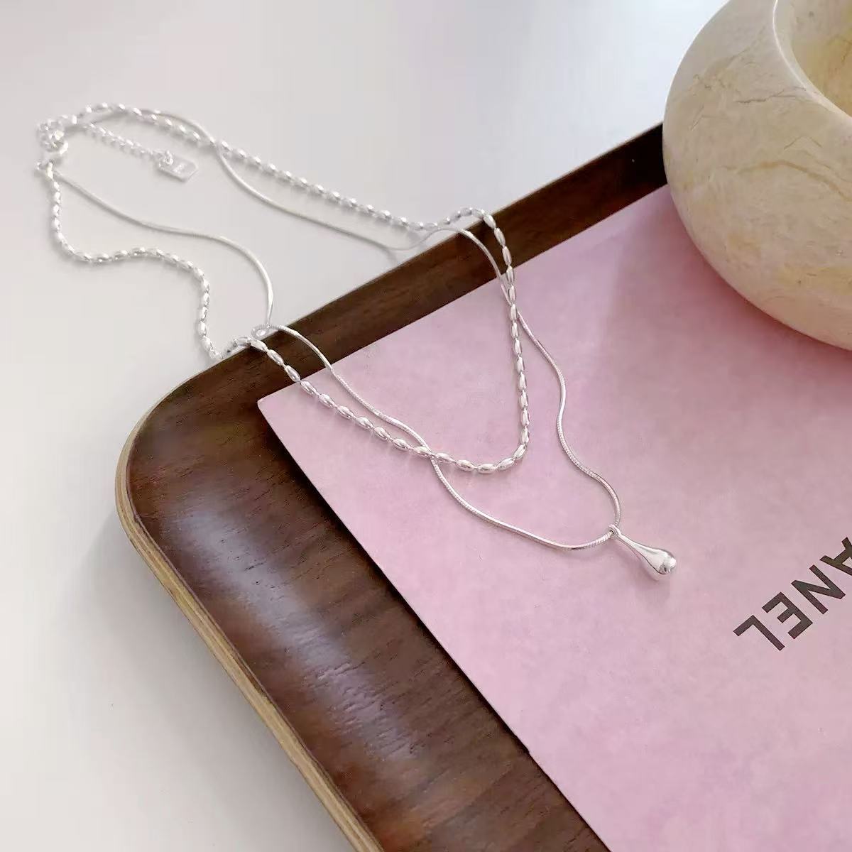 Double Chain Design Olive Teardrop Necklace