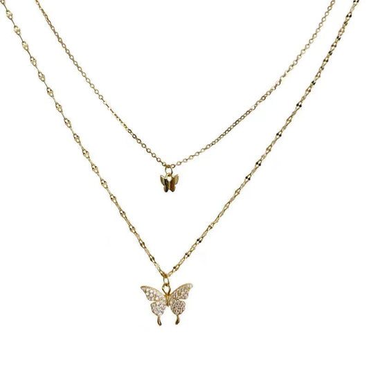 s925 Double Butterfly Pendant Stacked Necklace