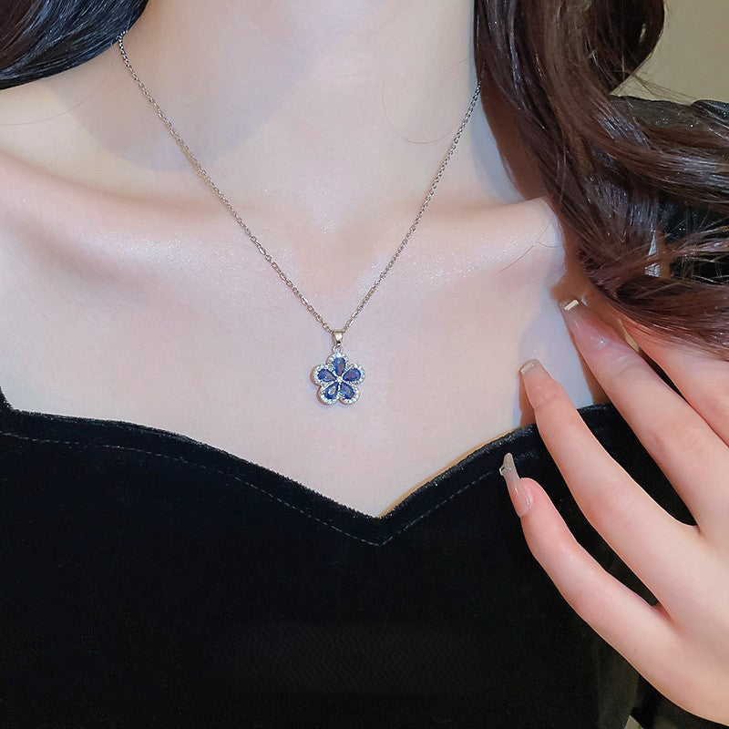 Silver needle micro-inlaid zircon blue flower earring necklace set