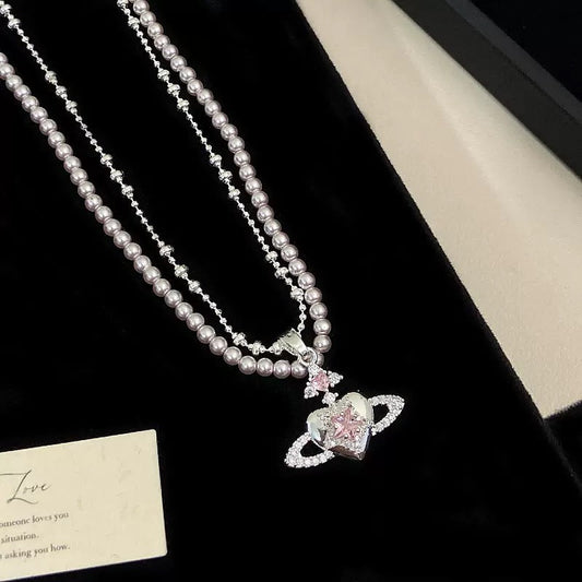 Saturn Heart Pearl Layered Necklace