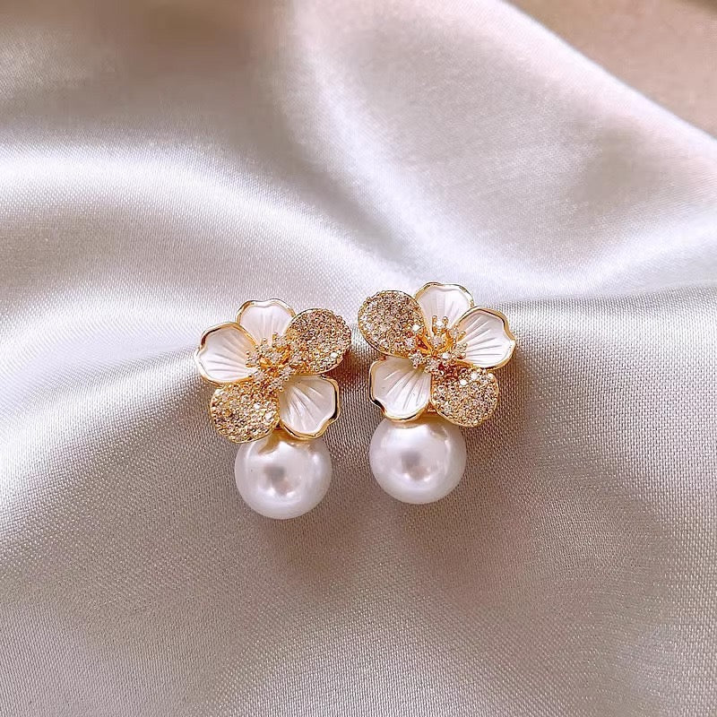 Zircon Flower Pearl Drop Earrings