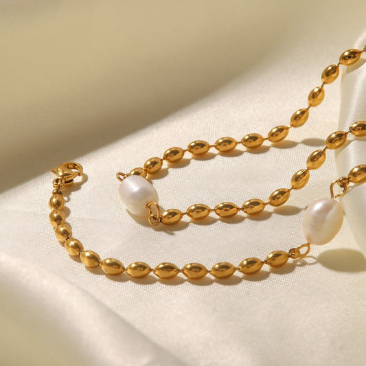 Natural Pearl Gold Stainless Steel Necklace Bracelet