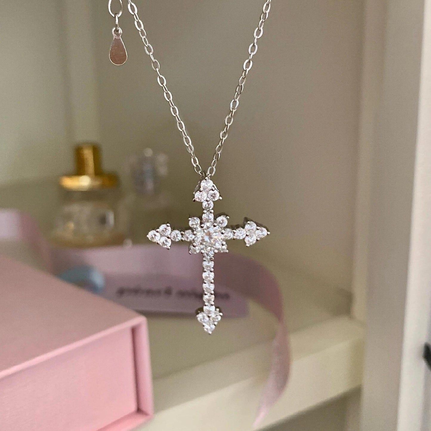 S925 Sterling Silver Meishen Cross Full Diamond Pendant Necklace