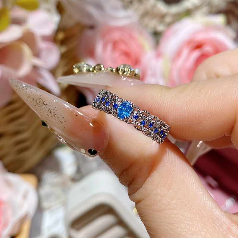 Super Flash Sea Blue Zircon Ring with 18K Gold Plating