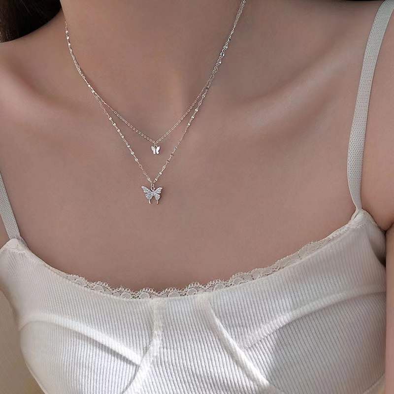 s925 Double Butterfly Pendant Stacked Necklace
