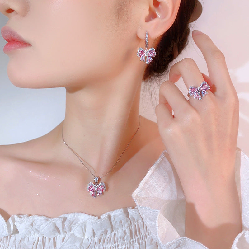 Pink diamond zircon bow earrings ring necklace set