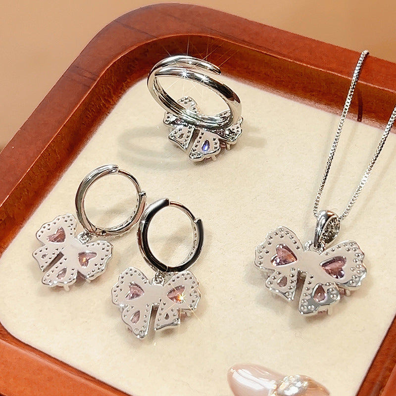 Pink diamond zircon bow earrings ring necklace set