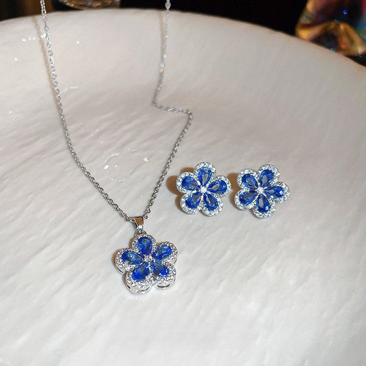 Silver needle micro-inlaid zircon blue flower earring necklace set