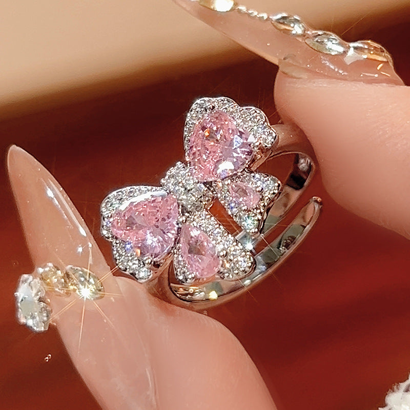 Pink diamond zircon bow earrings ring necklace set