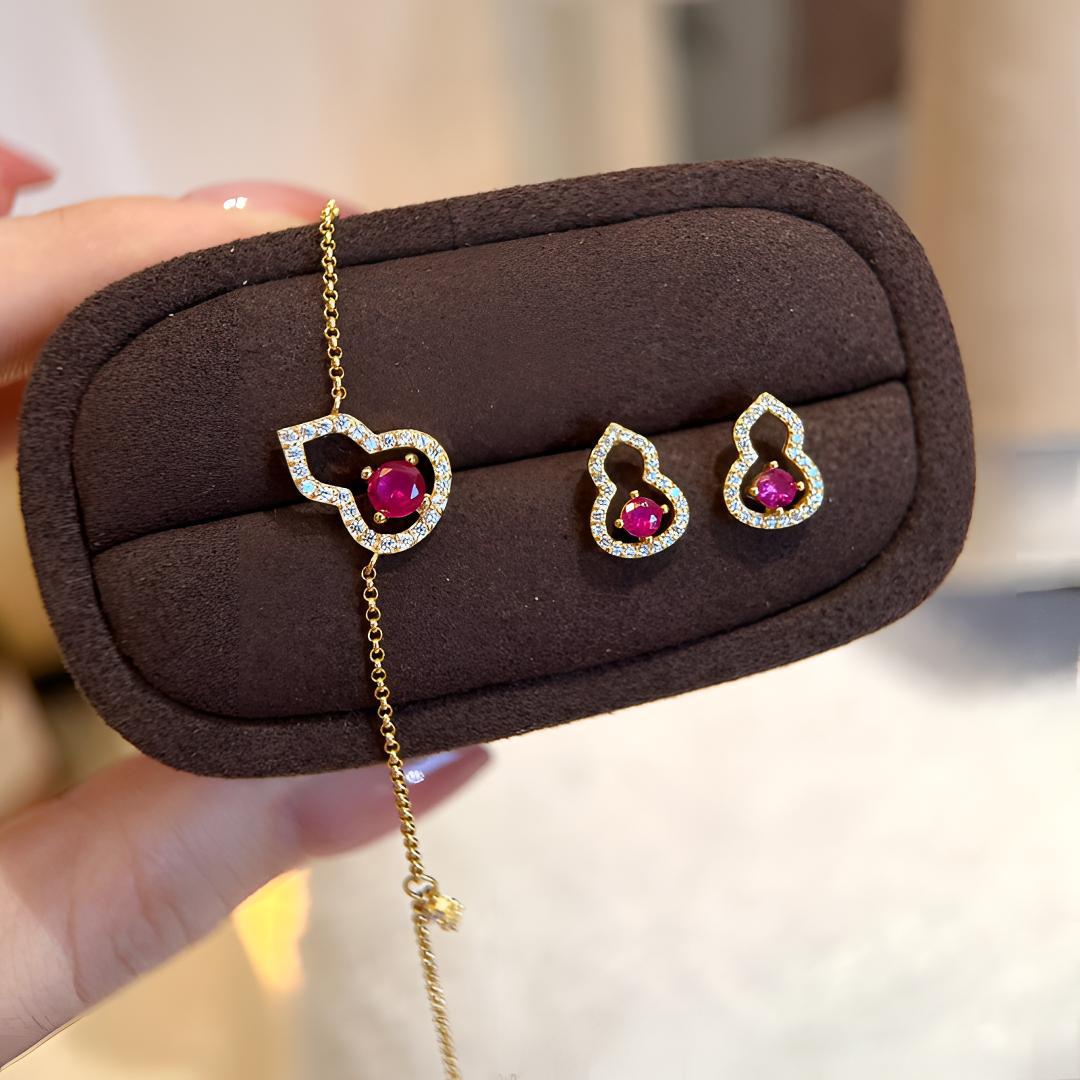 S925 sterling silver 18k gold-plated inlaid zircon gourd necklace bracelet earrings set