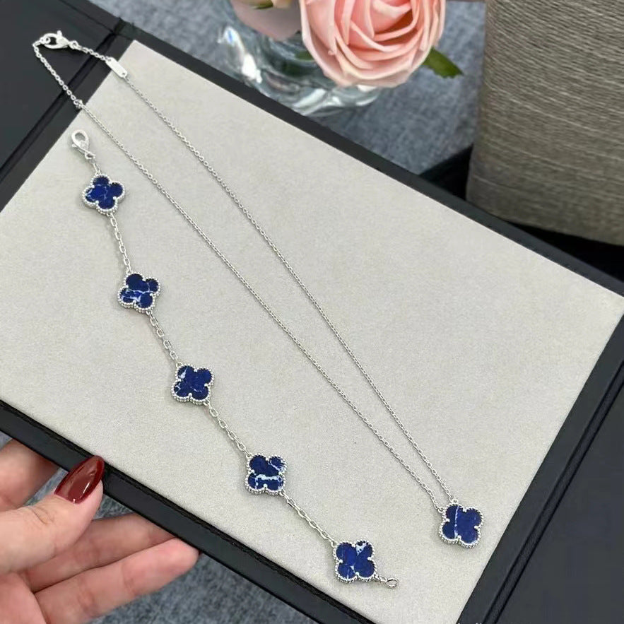 Blue Peter stone clover bracelet silver obsidian necklace bracelet set