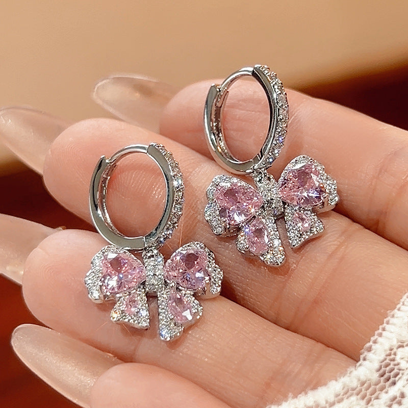 Pink diamond zircon bow earrings ring necklace set
