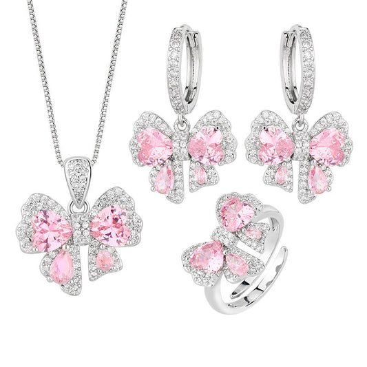 Pink diamond zircon bow earrings ring necklace set
