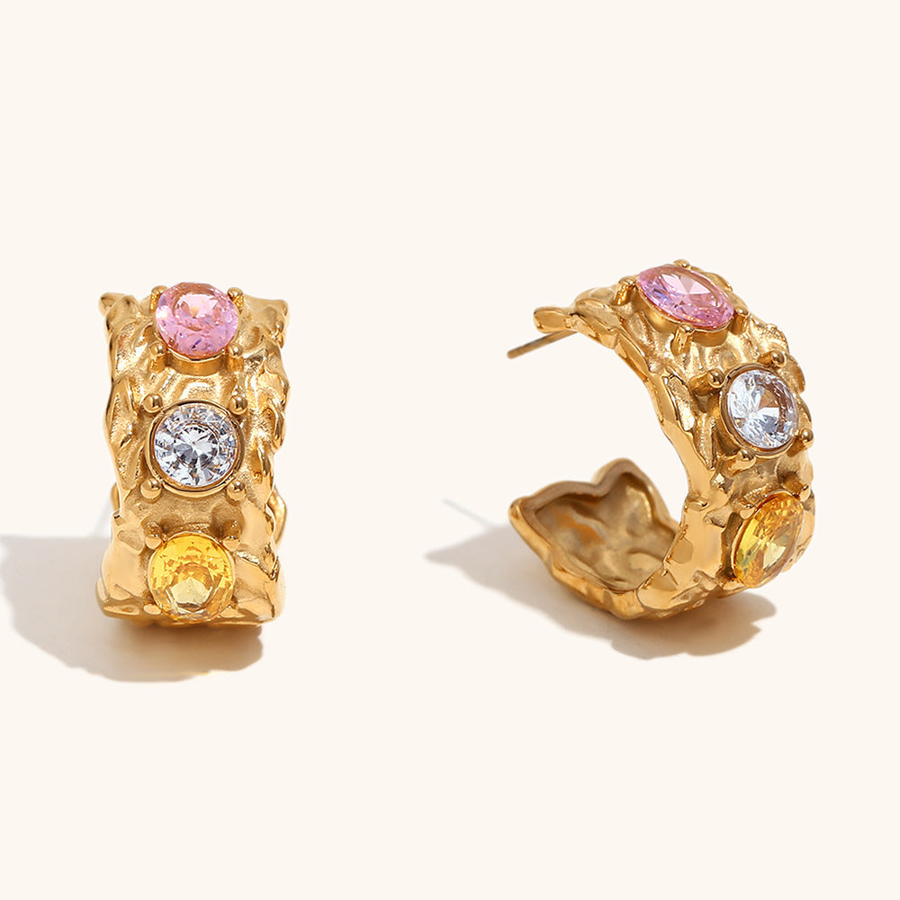 Irregular colored diamond stainless steel bracelet ring earrings plated with 18K gold.