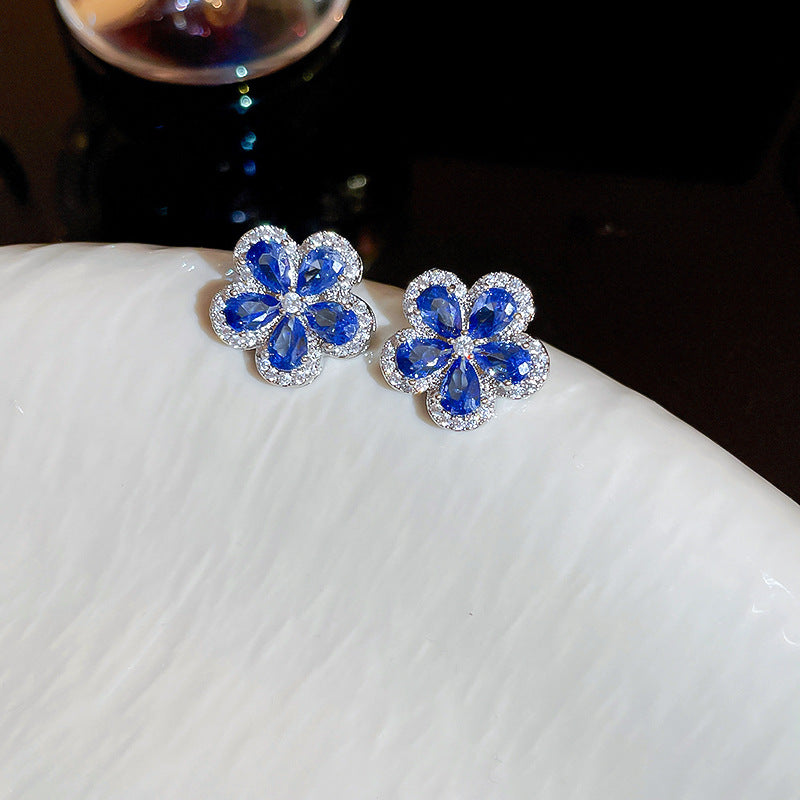 Silver needle micro-inlaid zircon blue flower earring necklace set