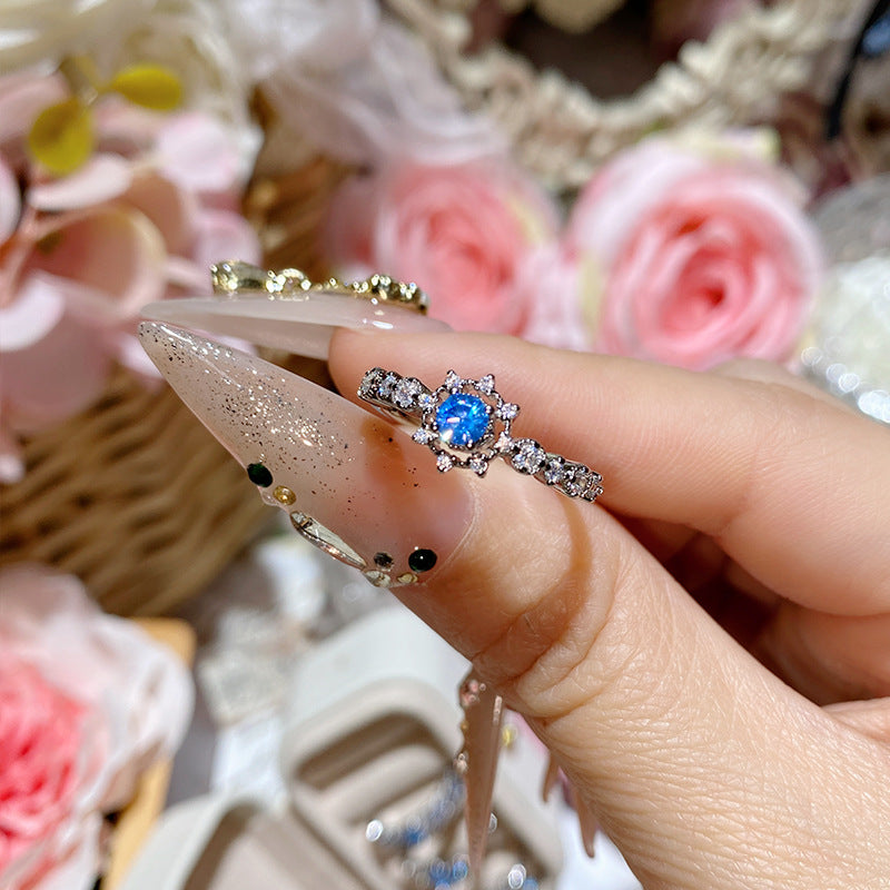 Super Flash Sea Blue Zircon Ring with 18K Gold Plating