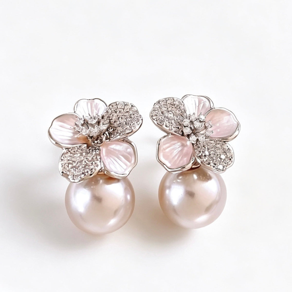 Zircon Flower Pearl Drop Earrings
