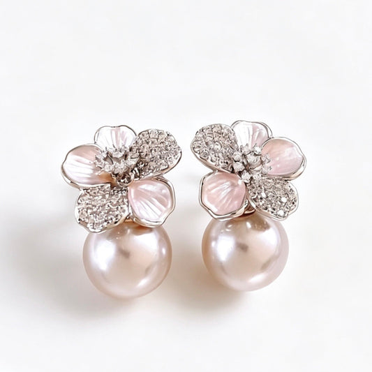 Zircon Flower Pearl Drop Earrings