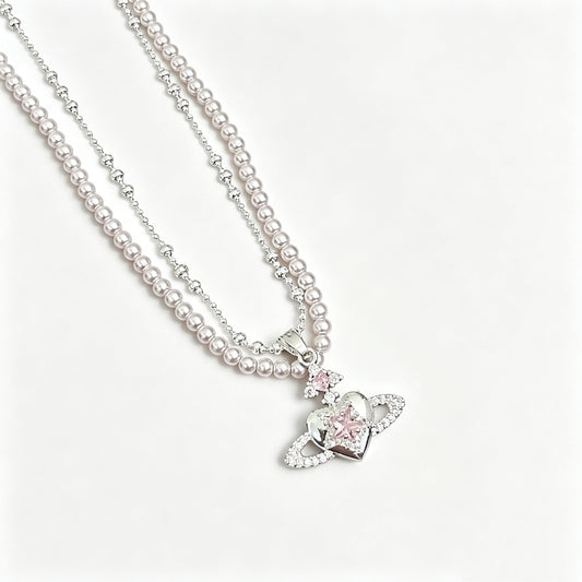 Saturn Heart Pearl Layered Necklace