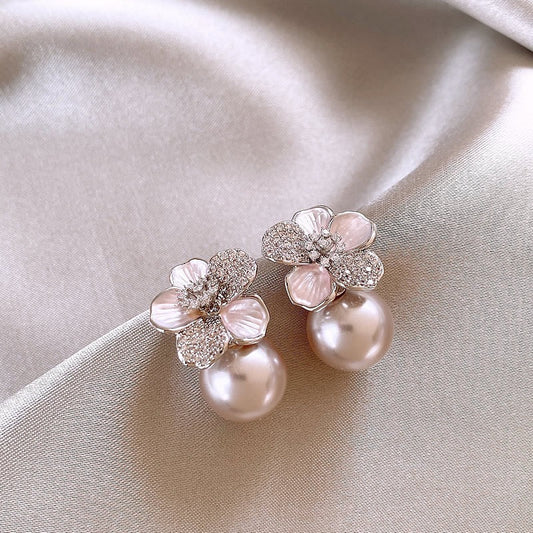Zircon Flower Pearl Drop Earrings