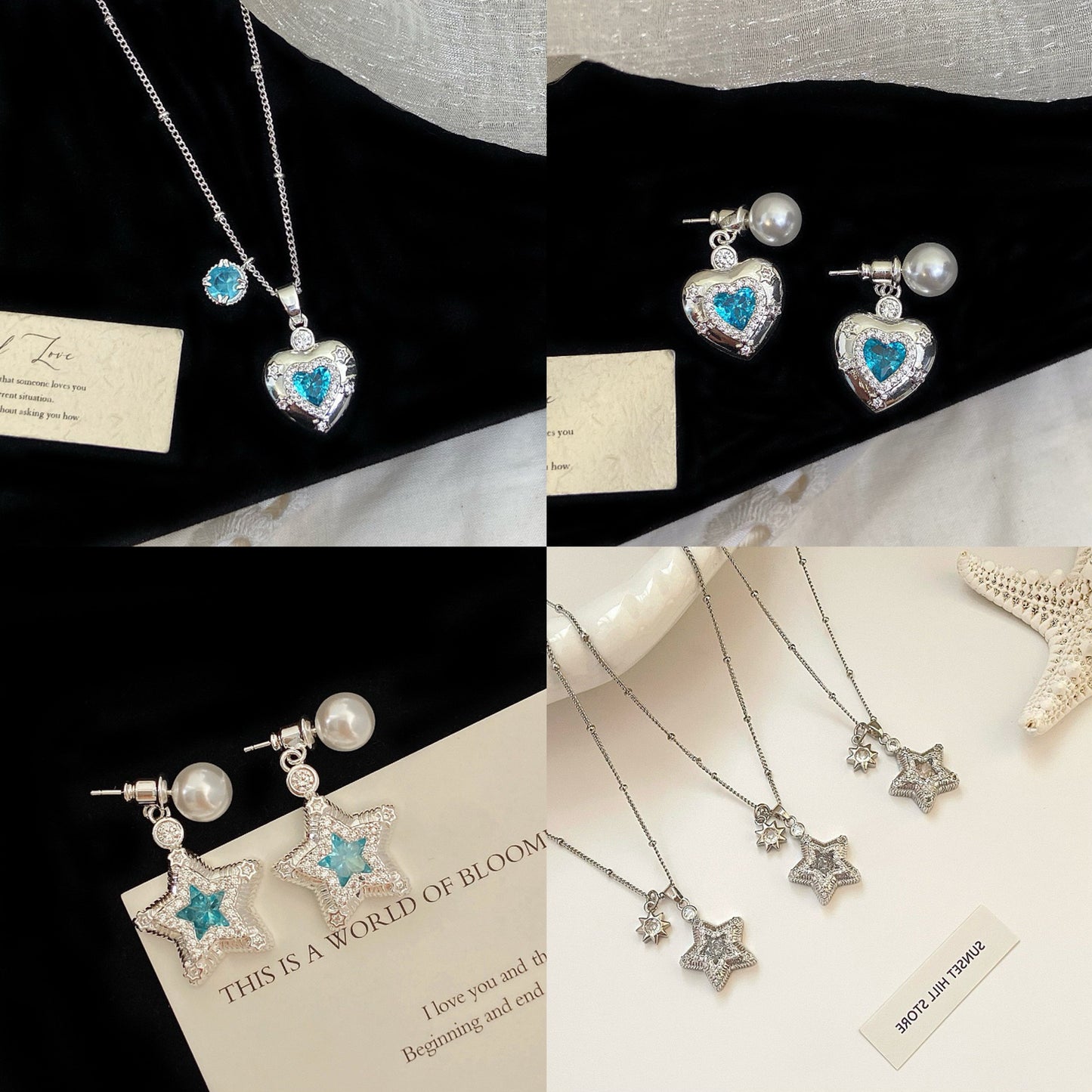 Star-themed earrings with zircon accents and a matching necklace set.