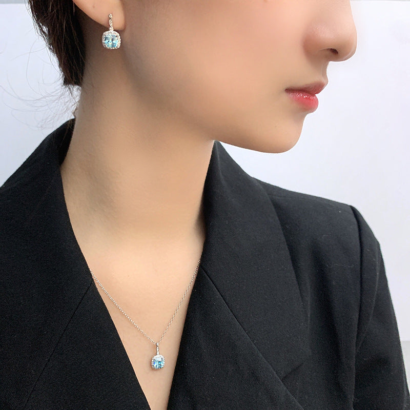 S925 Sterling Silver Ocean heart blue gem ring necklace Earrings