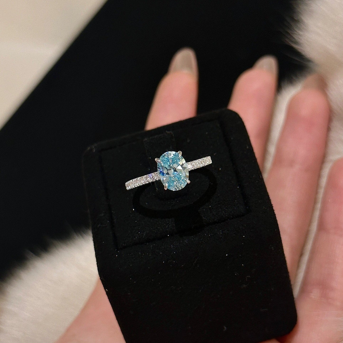 S925 Sterling Silver Aquamarine Oval Pigeon Egg Diamond Ring Necklace