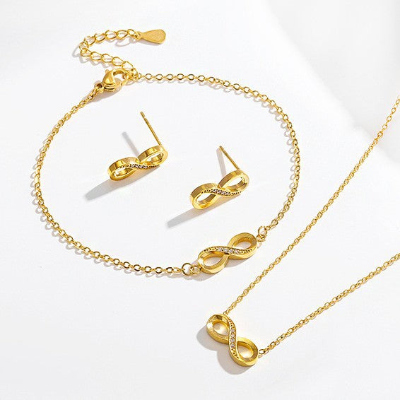 Stainless steel diamond studded infinite loop 8-shaped necklace bracelet earring set