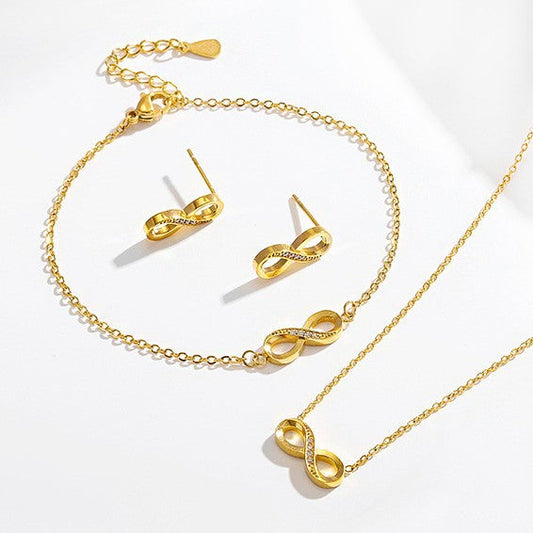 Stainless steel diamond studded infinite loop 8-shaped necklace bracelet earring set