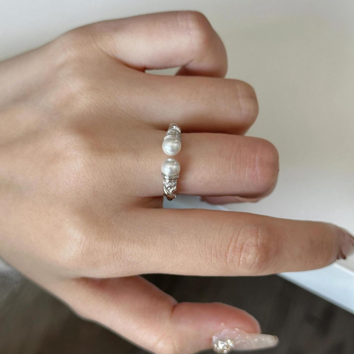 S925 sterling silver Fried Dough Twists pearl ring Swarovski pearl opening adjustable