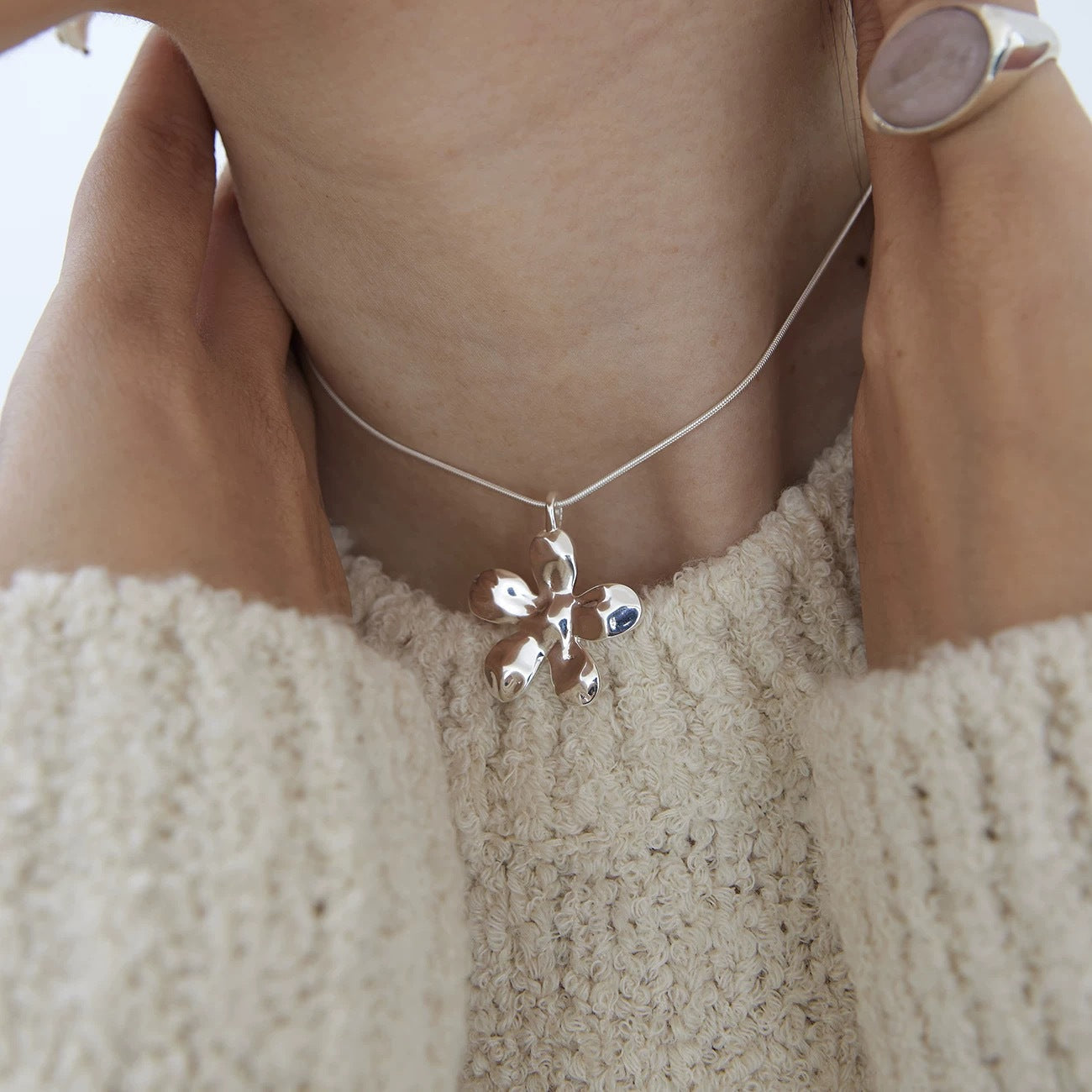 Silver Flower Sweater Chain Necklace