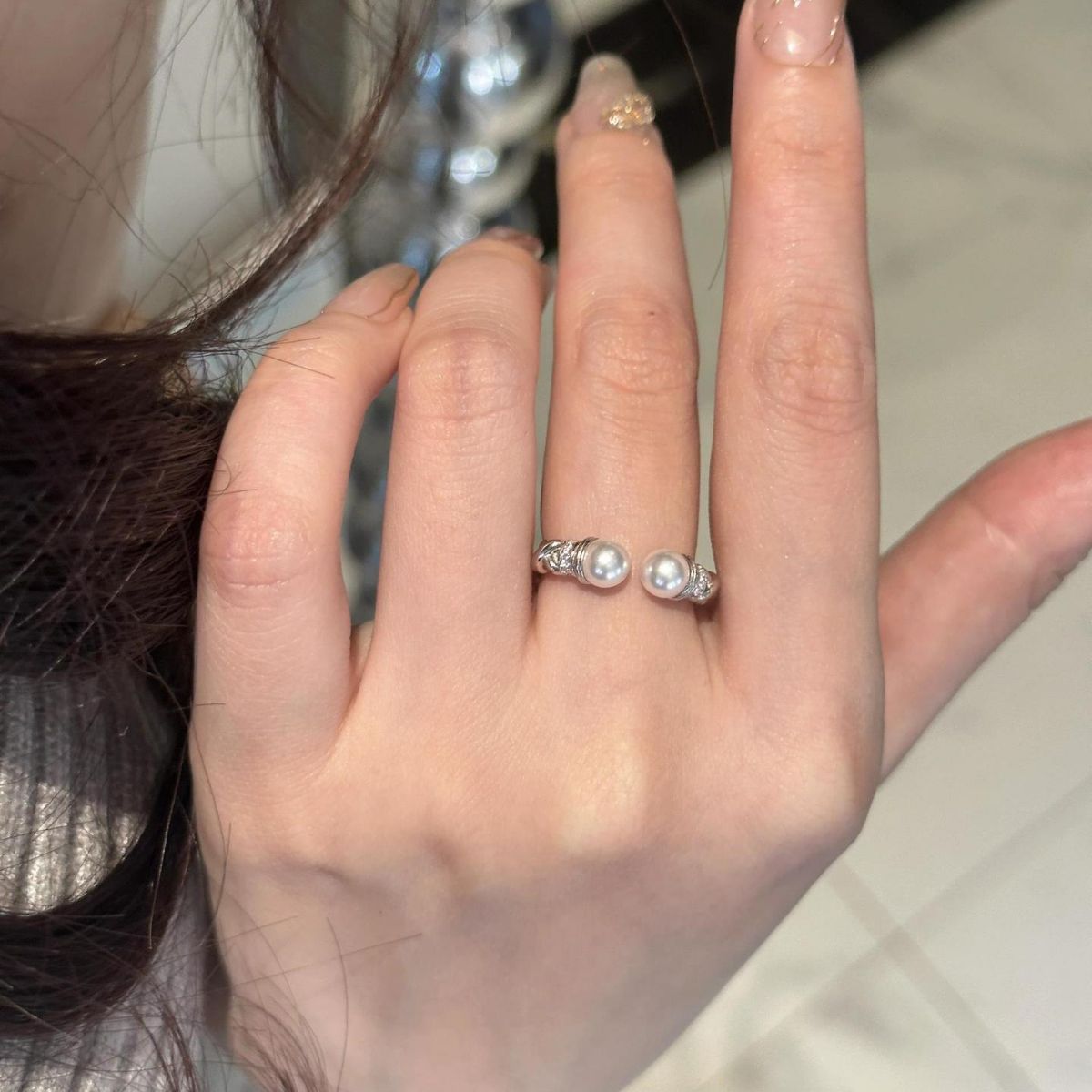 S925 sterling silver Fried Dough Twists pearl ring Swarovski pearl opening adjustable