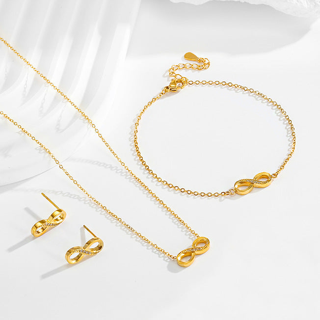 Stainless steel diamond studded infinite loop 8-shaped necklace bracelet earring set