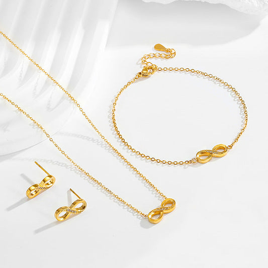 Stainless steel diamond studded infinite loop 8-shaped necklace bracelet earring set