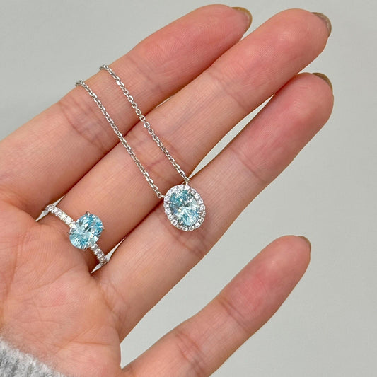 S925 Sterling Silver Aquamarine Oval Pigeon Egg Diamond Ring Necklace