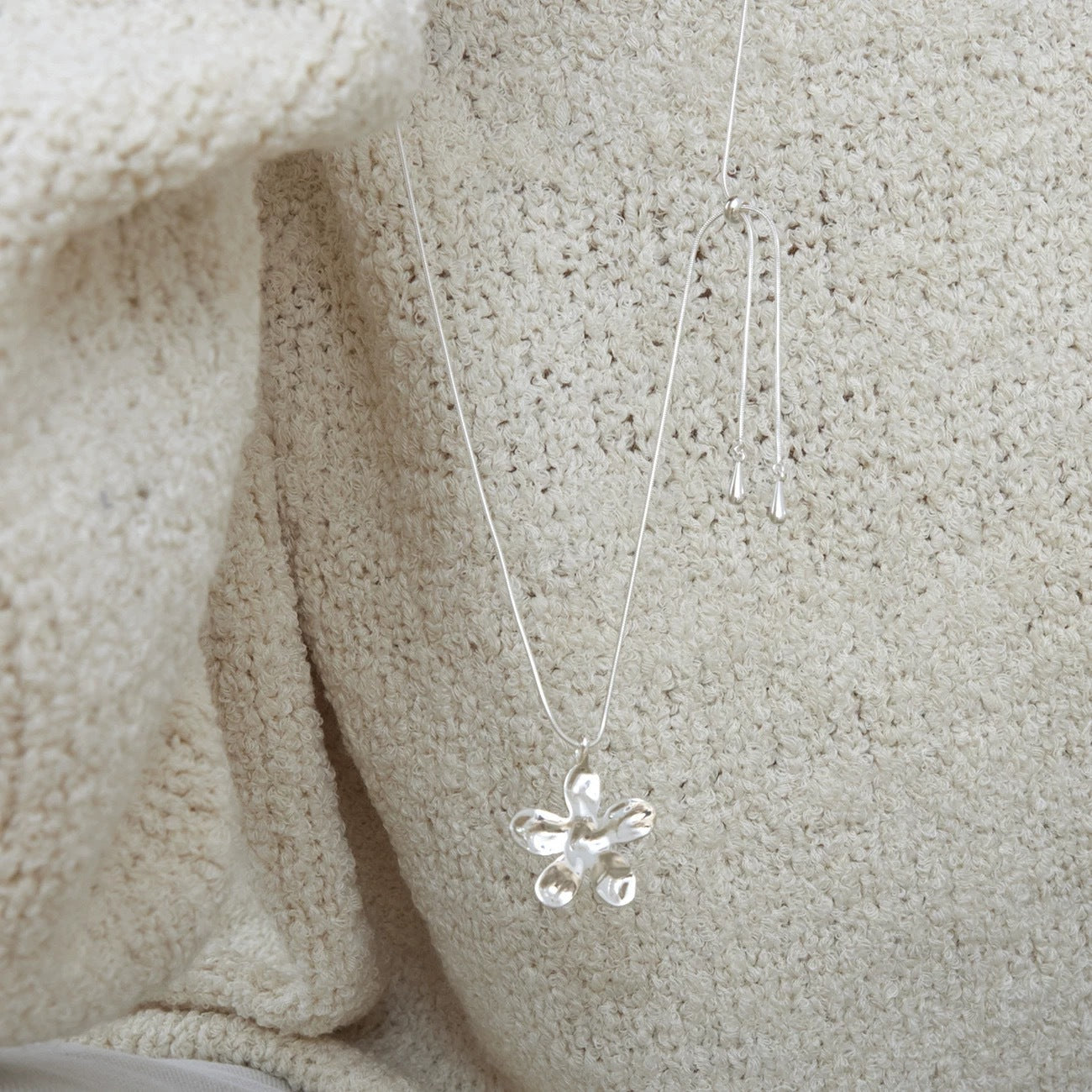 Silver Flower Sweater Chain Necklace