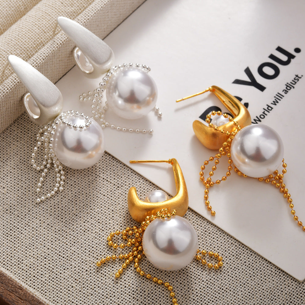 Brushed Pearl Bow Lace Tassel Earrings