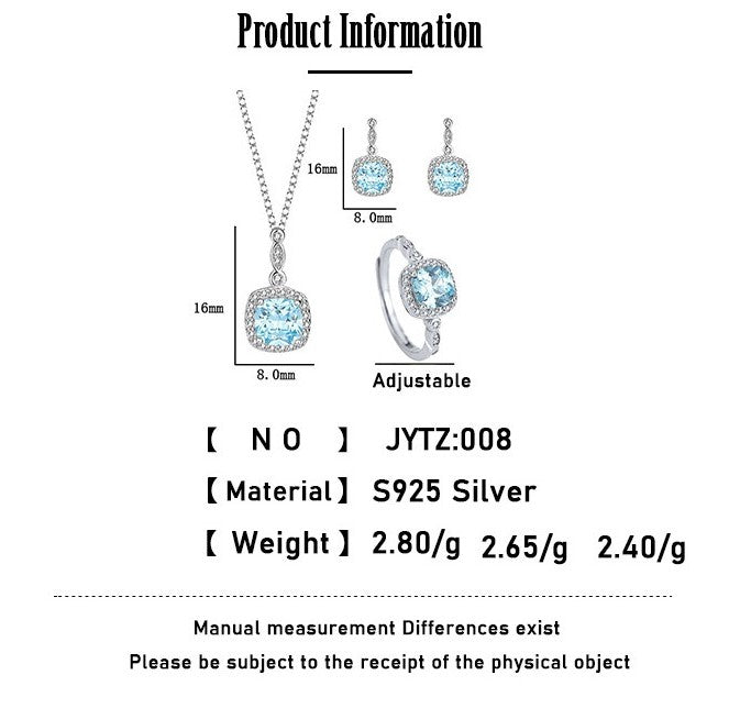 S925 Sterling Silver Ocean heart blue gem ring necklace Earrings