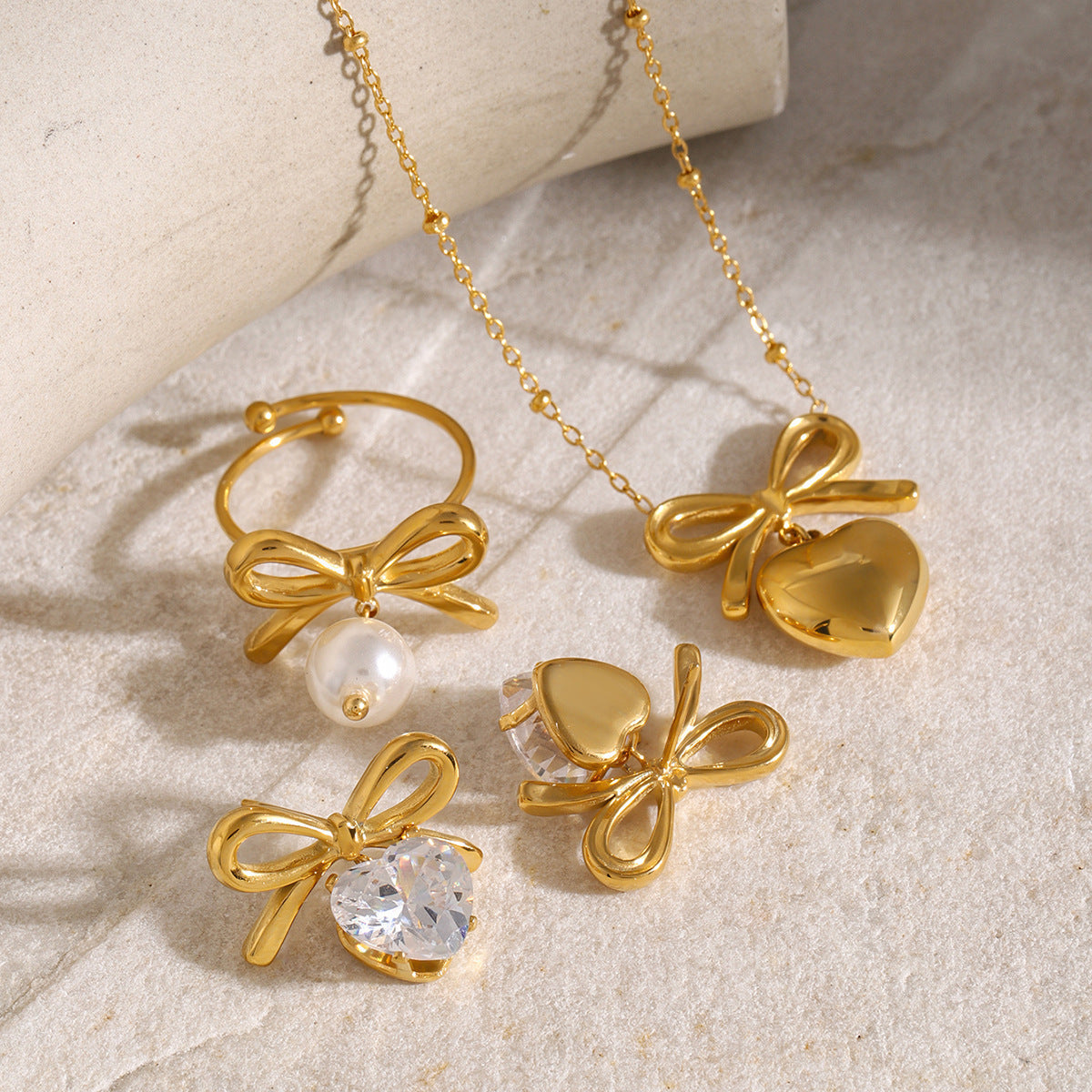Stainless Steel Bow Necklace Zircon Earrings Titanium Steel Ring