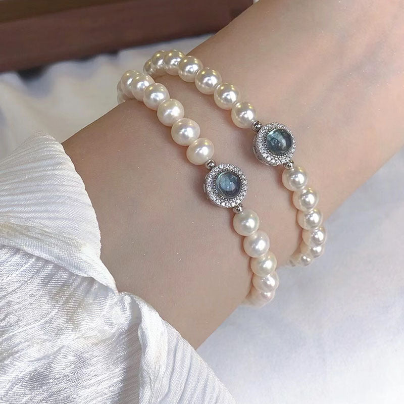 S925 Silver Natural Freshwater Pearl Sea Blue Mercury Bracelet