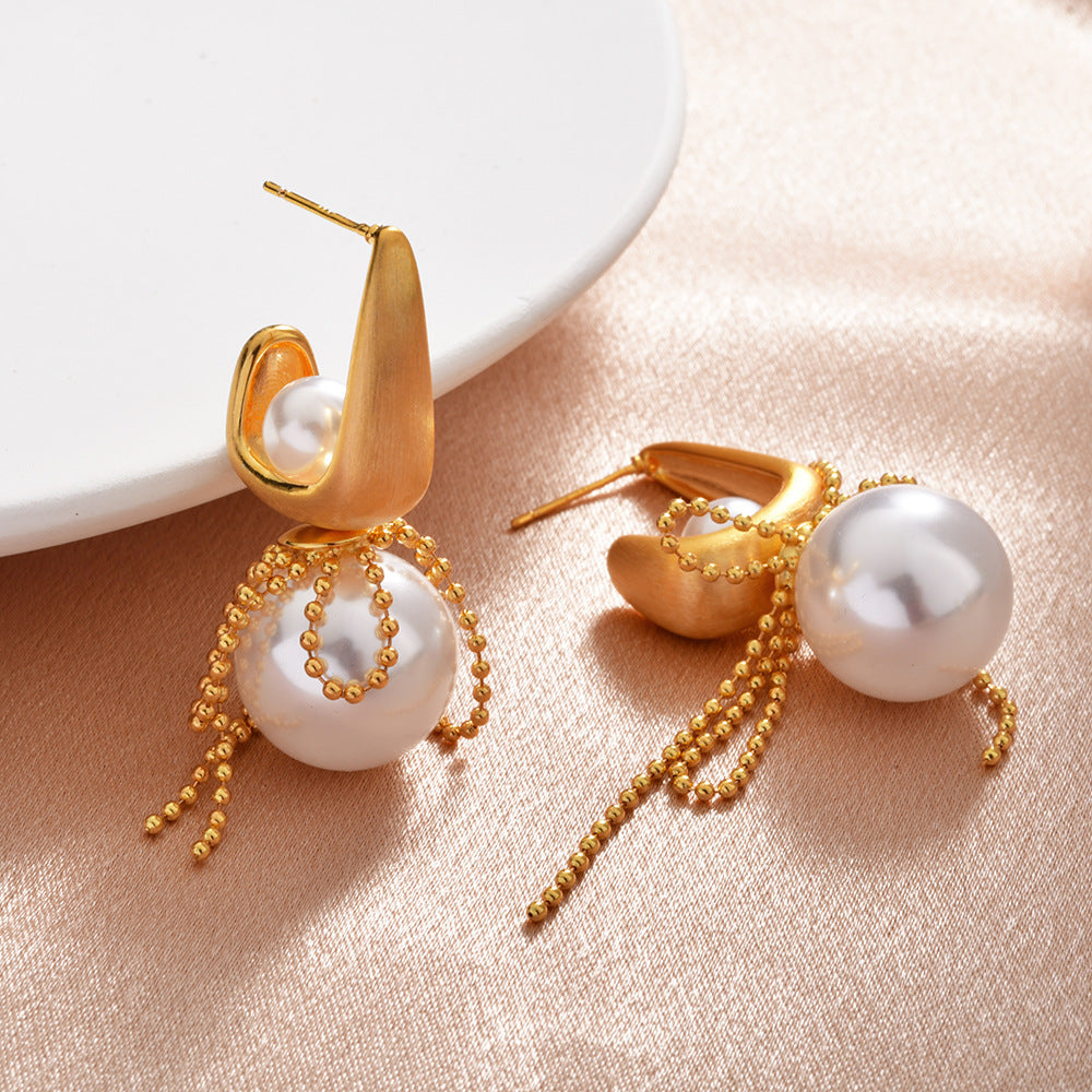 Brushed Pearl Bow Lace Tassel Earrings