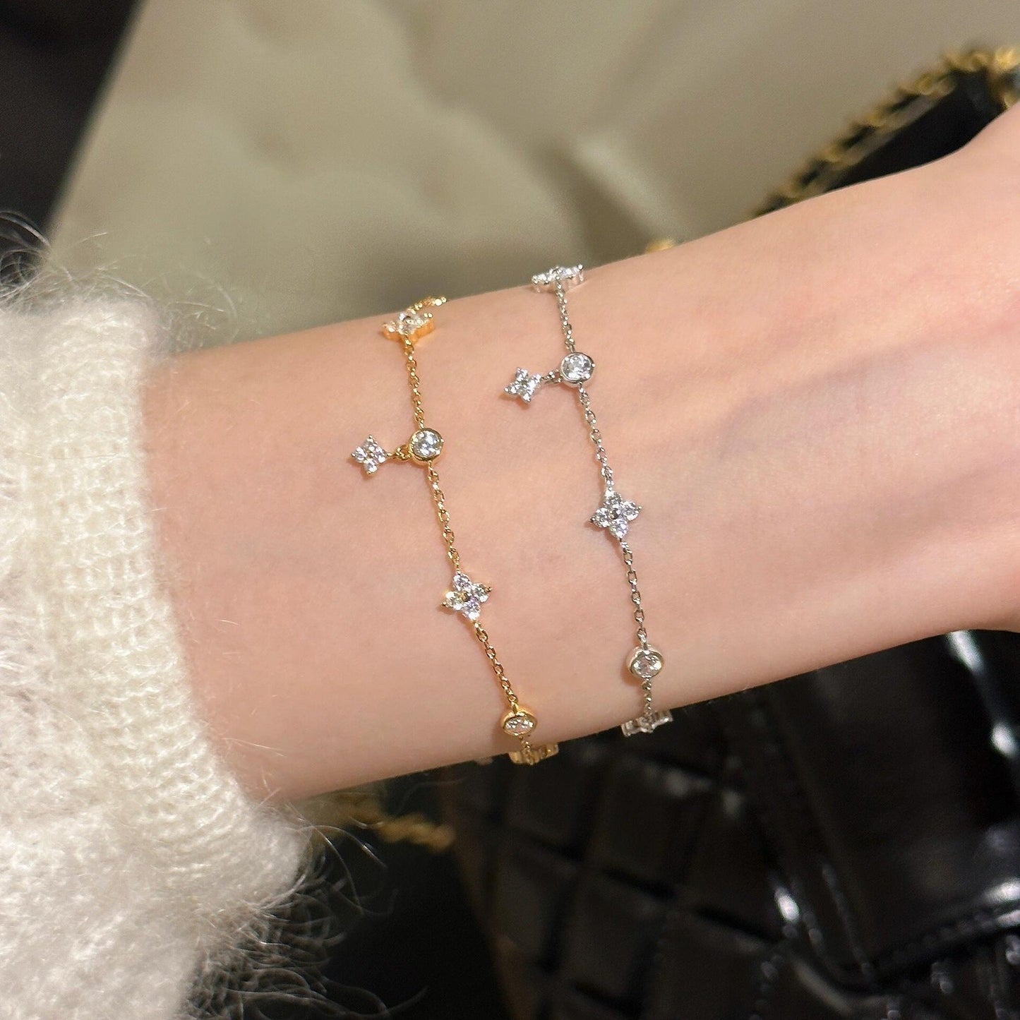 Four-leaf Clover Tassel Zircon S925 Sterling Silver Bracelet