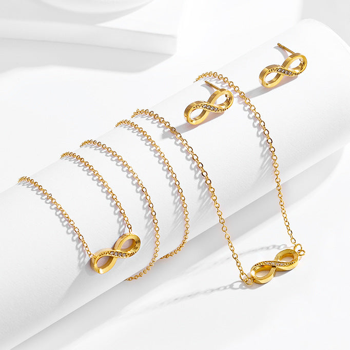 Stainless steel diamond studded infinite loop 8-shaped necklace bracelet earring set