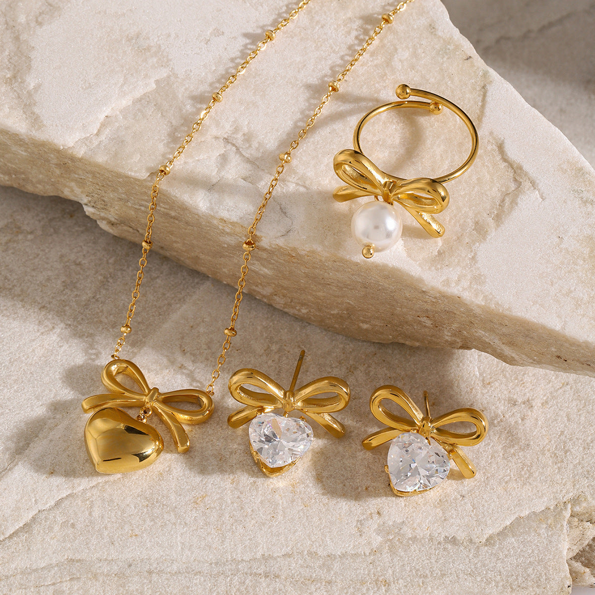 Stainless Steel Bow Necklace Zircon Earrings Titanium Steel Ring