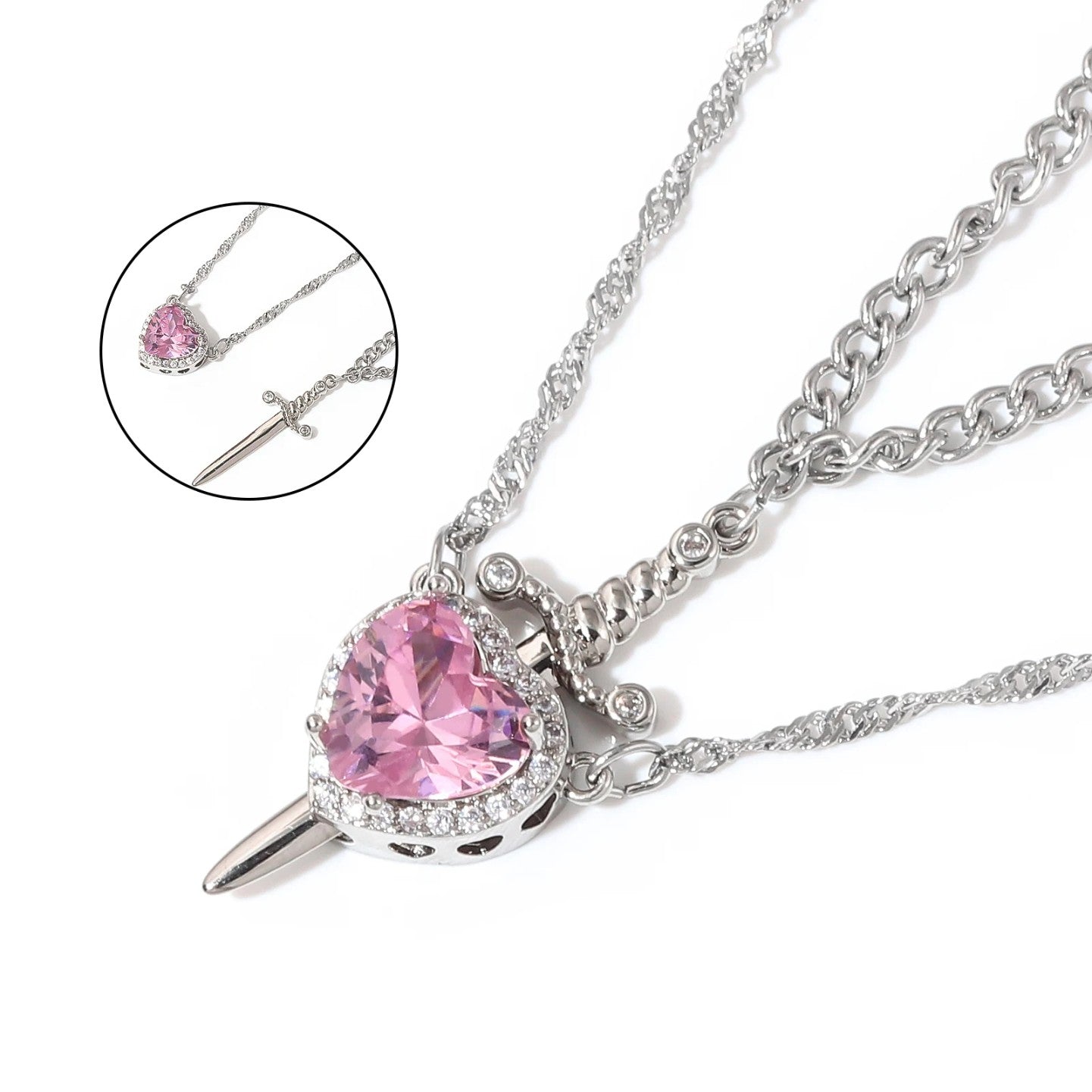 COUPLE HEART & SWORD Matching Necklaces