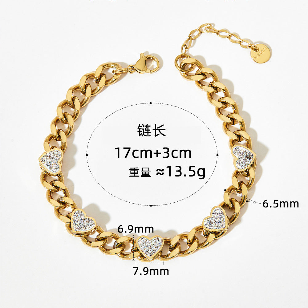Zircon chain love stainless steel gold bracelet