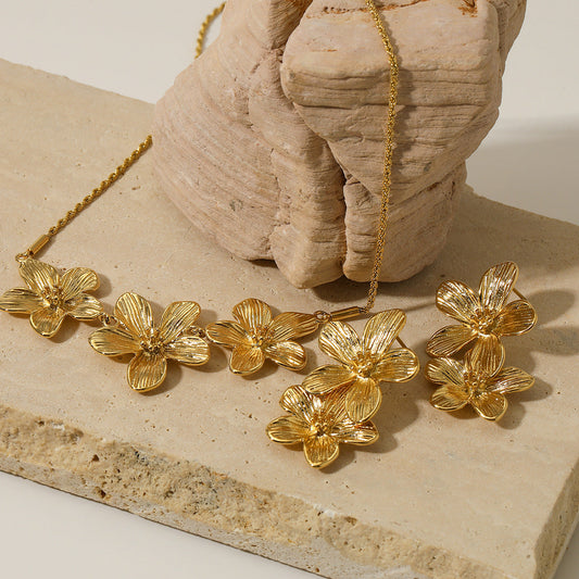 Sweet pleated flowers stainless steel necklace earrings set