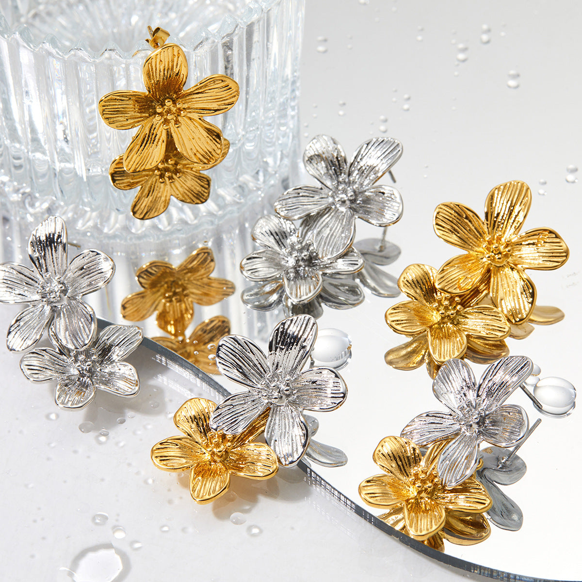 Sweet pleated flowers stainless steel necklace earrings set
